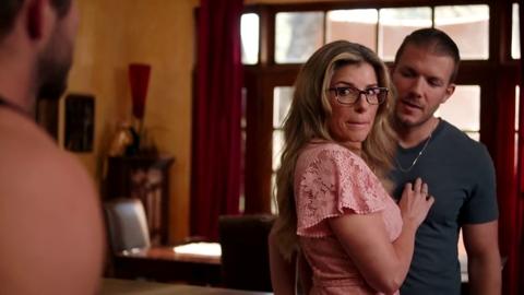 Two dudes serving one gorgeous golden-haired granny's dual desires