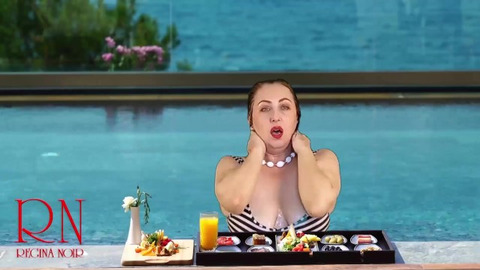 Regina's juicy melons tease by sun-kissed pool, hidden nudist pleasure awaiting.
