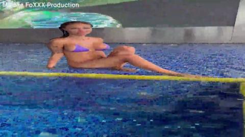 Monika Fox Wears Purple Bikini: Pool Swim & Window Pose CityBackdrop (Free)