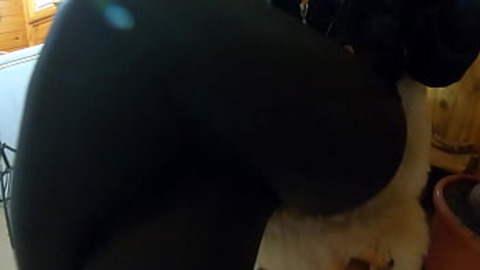 Sticky cum-covered glory hole on black leather leggings, jacket, and thighs