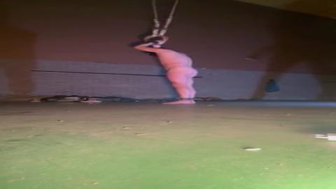 Raunchy rendezvous in decrepit hideaway: Bound babe gets debased and ravaged by ruthless master