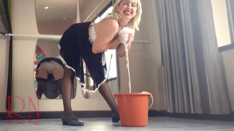 Sweaty instructor gets serviced mid-clean