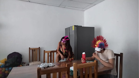 A housemaid touches her body very sensually and flirts with a dildo while feeding a blind man in the house.