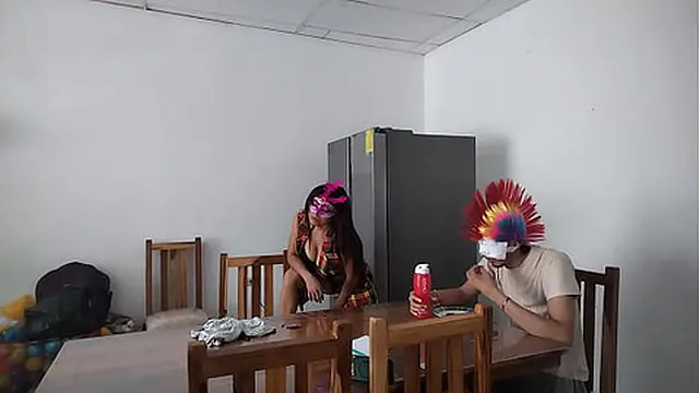 A housemaid touches her body very sensually and flirts with a dildo while feeding a blind man in the house 