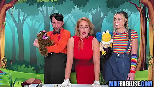 Blonde MILF and teen play on Sesame Street set