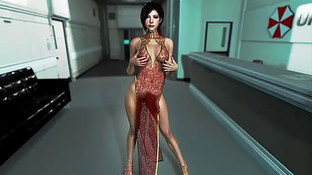 Gorgeous Ada Wong in a see-through dress twirls in the Umbrella office