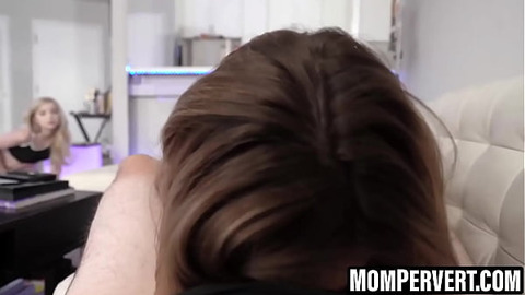 Cute stepmom brings her stepdaughter and pleases stepson with their pussies and cute mouths as well 