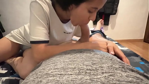A petite young black-haired girl craves a big cock