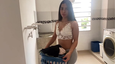 A young woman was caught in the washing machine  He couldn't stand the tight pussy and came quickly