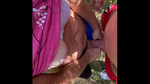 Fuck and cum in thong in public park summer .