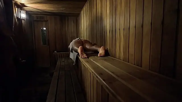 Steamy sauna scene with a naked milf flashing her big dick🌭