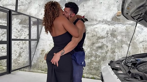 Perfect tits ebony MILF fucks a big cock, Latina Carla Morelli asks her mechanic to squeeze her wet pussy!
