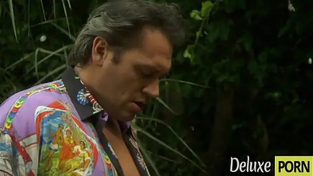 Horny man finds blonde milf playing with her wet pussy in the garden