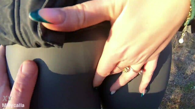 Housewife gets a public Load on My Downjacket in narrow leather