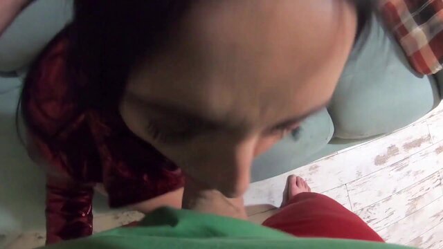 Anal drill with older woman in shiny red downjacket