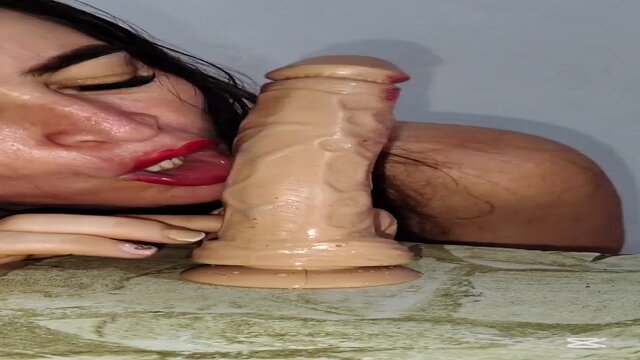 Mature Latina hot mom masturbates her huge natural boobs and sucks on a dildo 