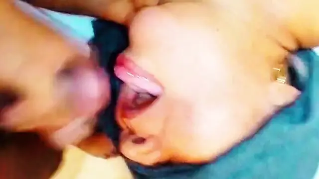 MILF gives a deepthroat blowjob and creams her husband's cock